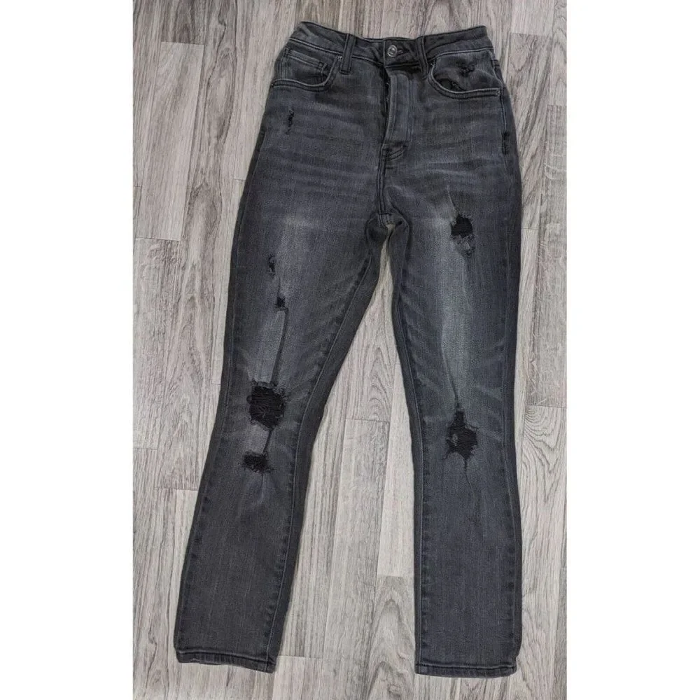 (3/$35) Forever 21 Size 26 Grey Black Straight Leg Button Fly Distressed Jeans‎